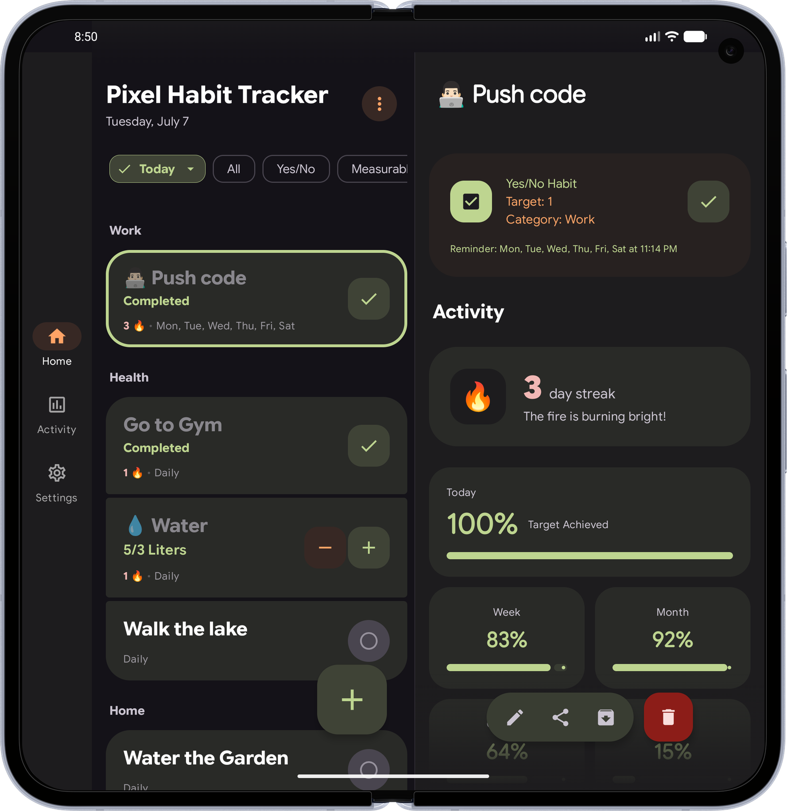 Pixel Habit Tracker in a split-pane layout on a foldable