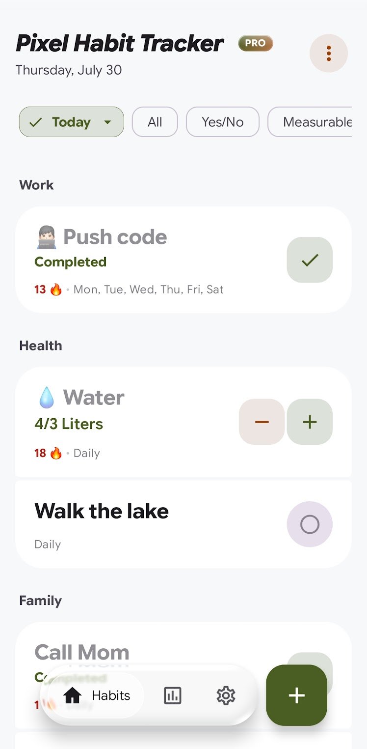 The Pixel Habit Tracker home screen