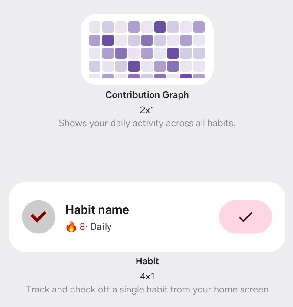 Pixel Habit Tracker home screen widget picker showing the Contribution Graph and Habit widgets